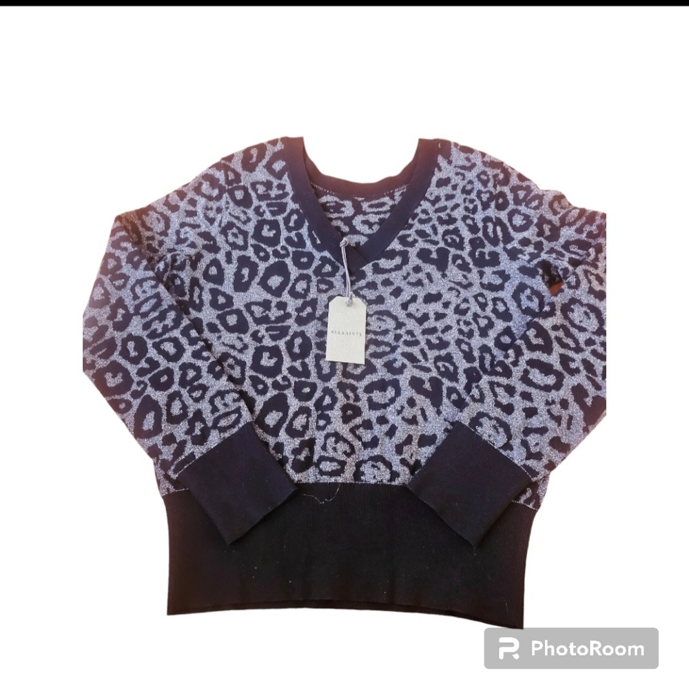 AllSaints NWT Roxanne Jumper Leopard Print V-Neck Sweater Black Gray  Sz M